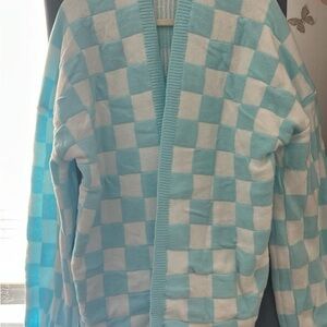 Blue and White Checkered Cardigan